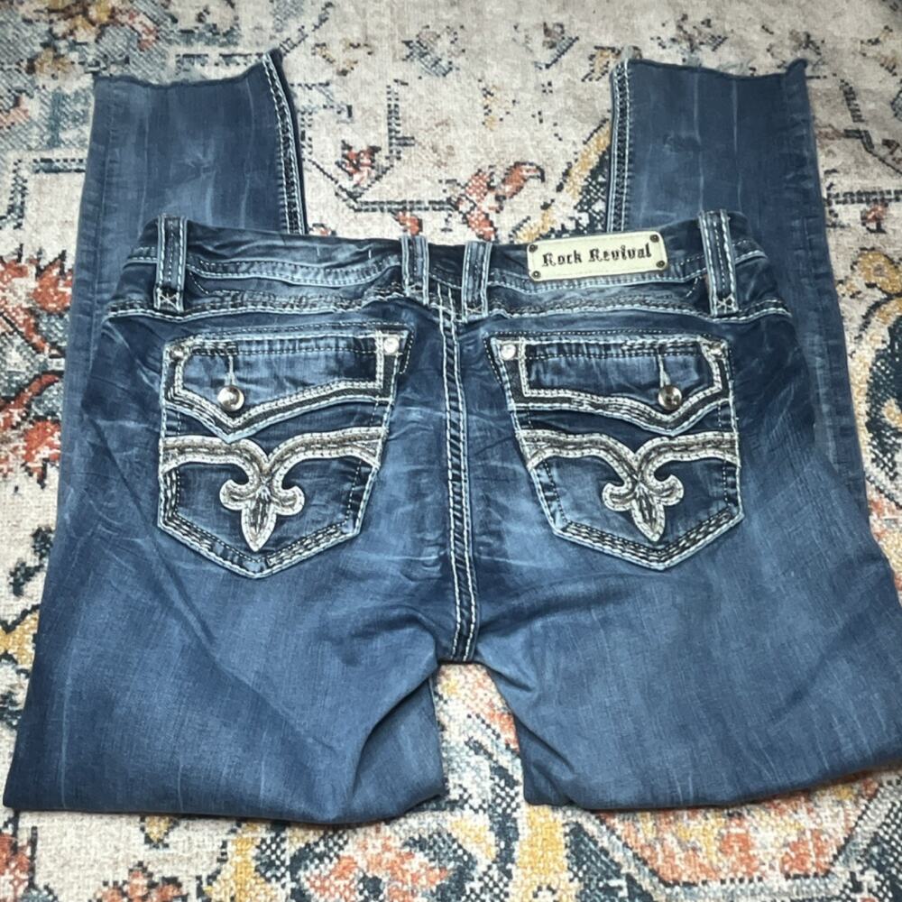 Rock Revival Barby Easy Skinny Jeans Sz 32 Medium Wash Thick Stitch Y2K Flap Pkt